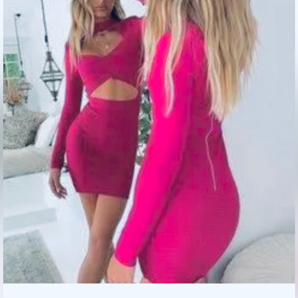 Tiger Mist fuchsia long sleeve mini dress stretchy Herve Leger  quality!